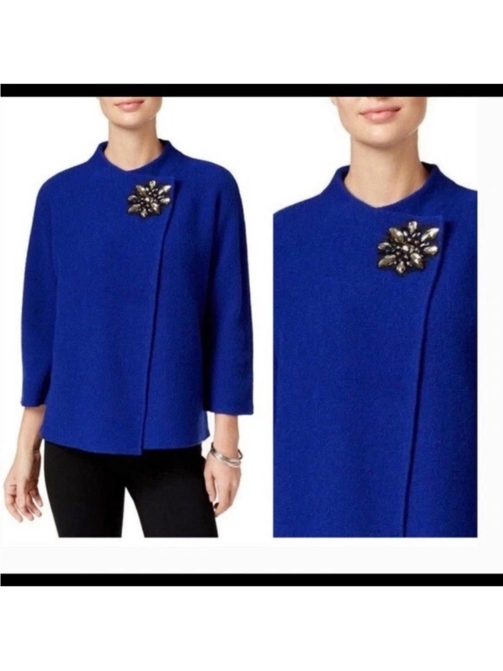 JM Collection Royal Blue 100 wool Knit Sweater with Decorative Brooch. XL